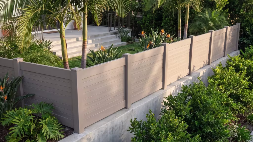 Clay vinyl horizontal privacy fence viewed along its run past queen palms and bird of paradise plants