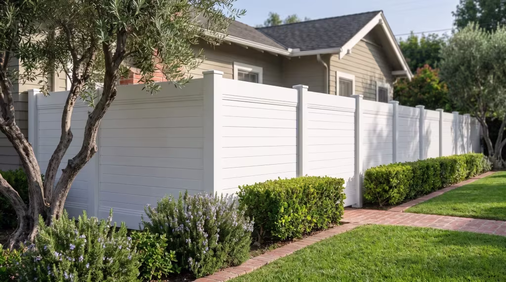 A brick-edged path leads past this White vinyl horizontal privacy fence at a quiet Craftsman bungalow