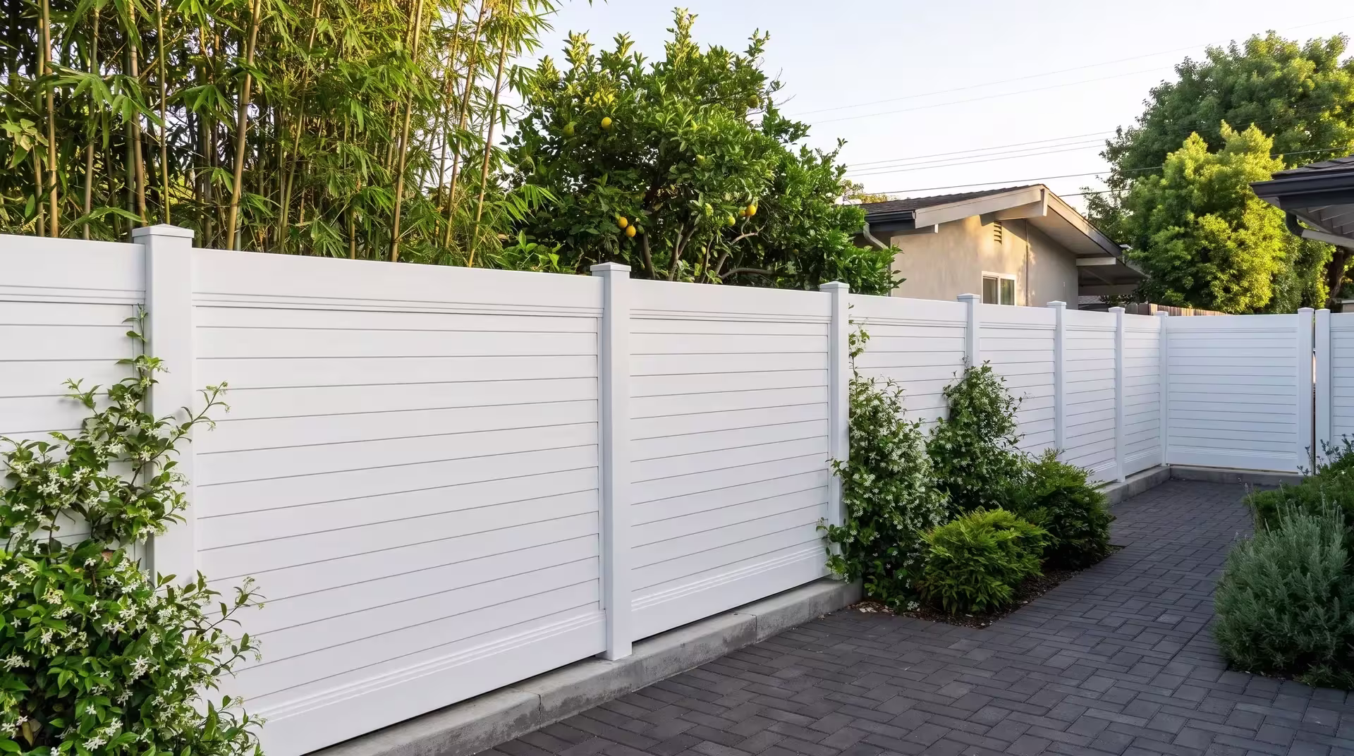 Dark charcoal pavers set off this White vinyl horizontal privacy fence in a small urban backyard