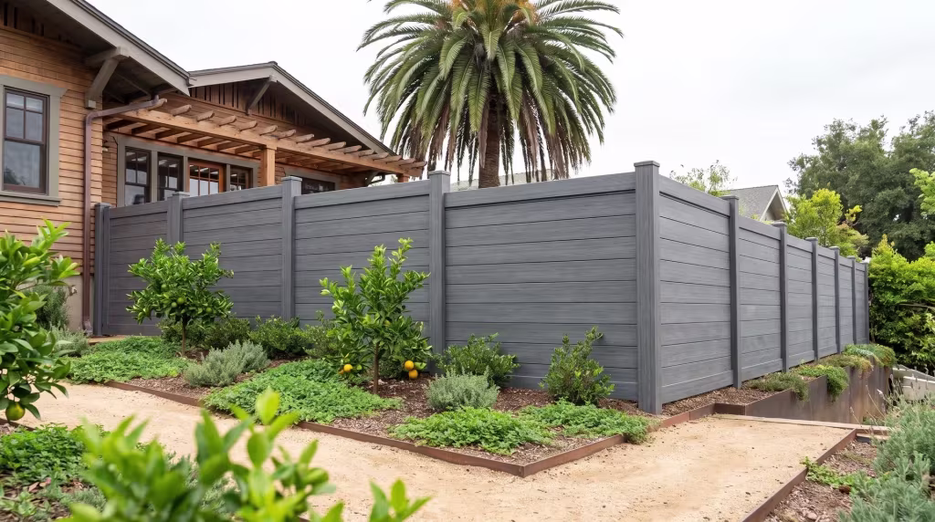 Citrus trees and a tall fan palm shade this Arctic Blend vinyl horizontal privacy run beside granite paths