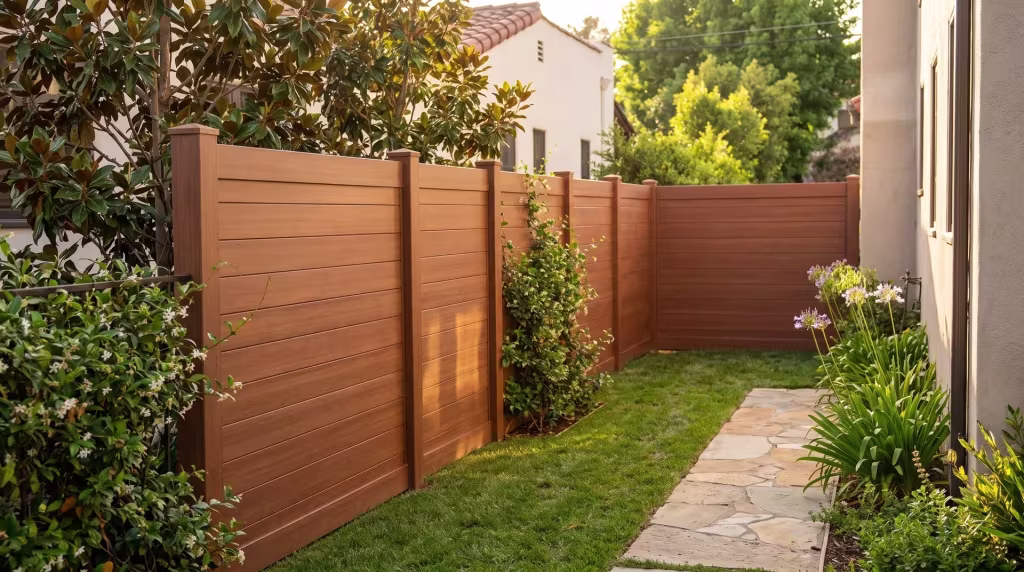 Magnolia and jasmine crowd the flagstone walk beside this close-up run of Brazilian Blend vinyl horizontal privacy boards