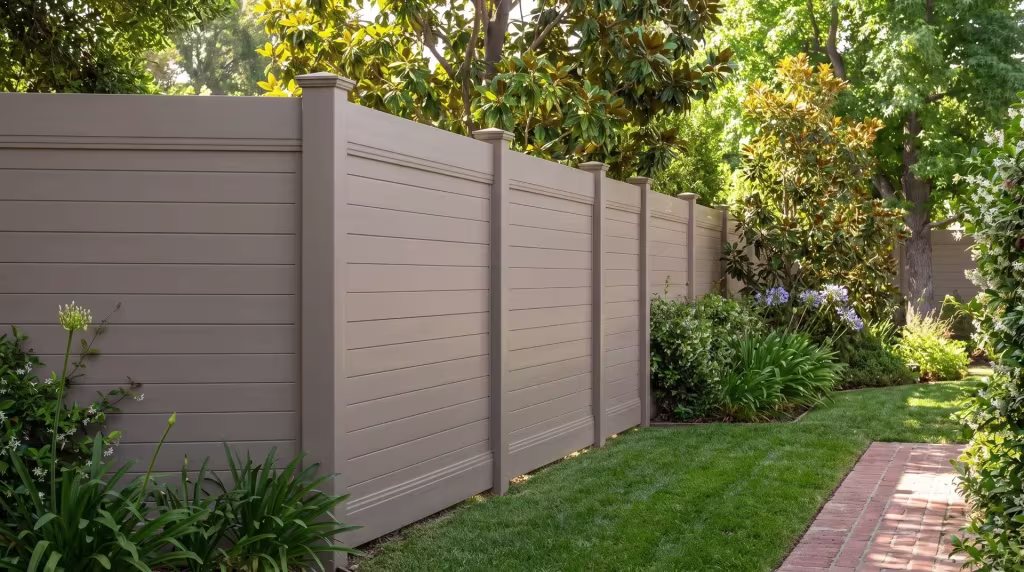 Clay vinyl horizontal privacy boards stand close beside a brick path bordered by flowering magnolia