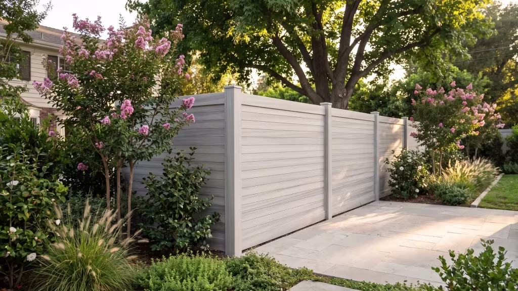 Coastal Cedar vinyl horizontal privacy fence enclosing a deep backyard shaded by a mature tree
