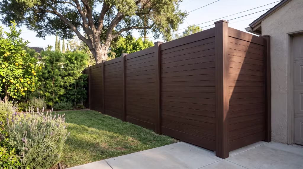 Dark Sequoia vinyl horizontal privacy panels run along a broom-finished concrete walk beneath a mature shade tree