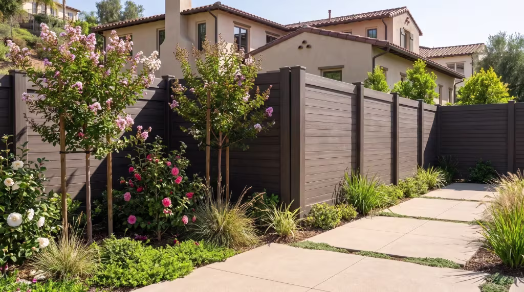 Crepe myrtle and camellias border this Dark Walnut vinyl horizontal privacy fence above concrete pavers with planted joints