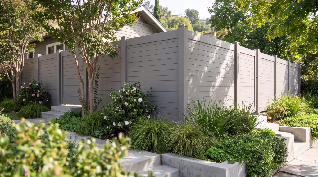 Crepe myrtle and camellias line this Gray vinyl horizontal privacy fence above poured concrete steps and retaining edges