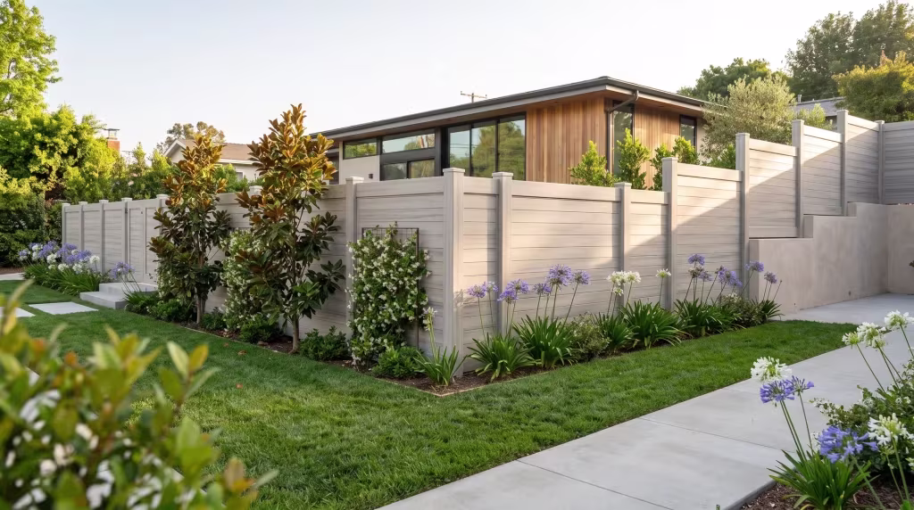Magnolia and jasmine line these Coastal Cedar vinyl horizontal privacy boards beside a broom-finished concrete walk