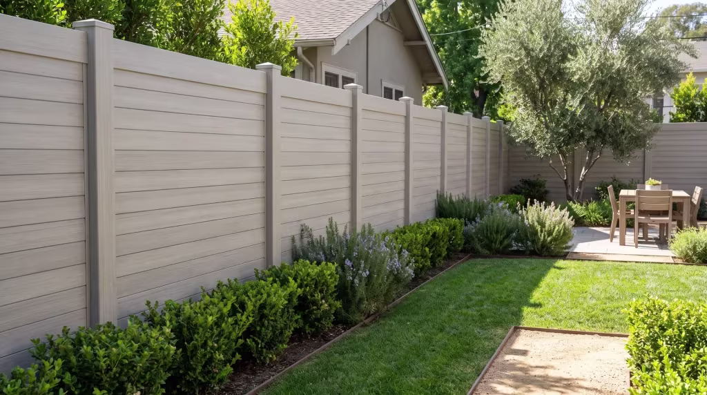 Olive trees and rosemary line this Mesquite vinyl horizontal privacy fence beside granite paths edged in steel