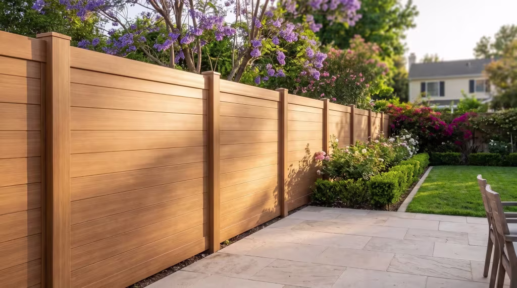 Sierra Blend vinyl horizontal privacy fence wrapping a dining terrace shaded by a jacaranda canopy