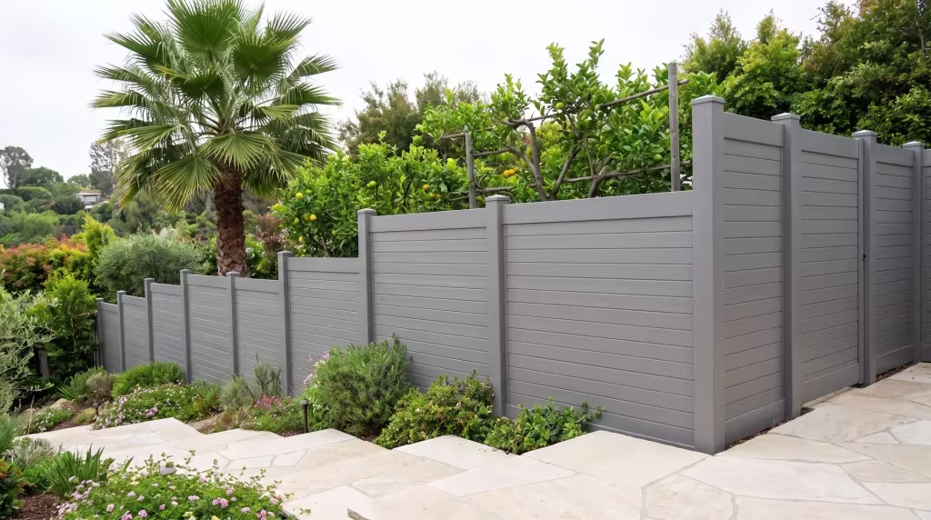 A narrow side yard planted with citrus trees and a fan palm frames this horizontal privacy fence built in Slate Gray vinyl