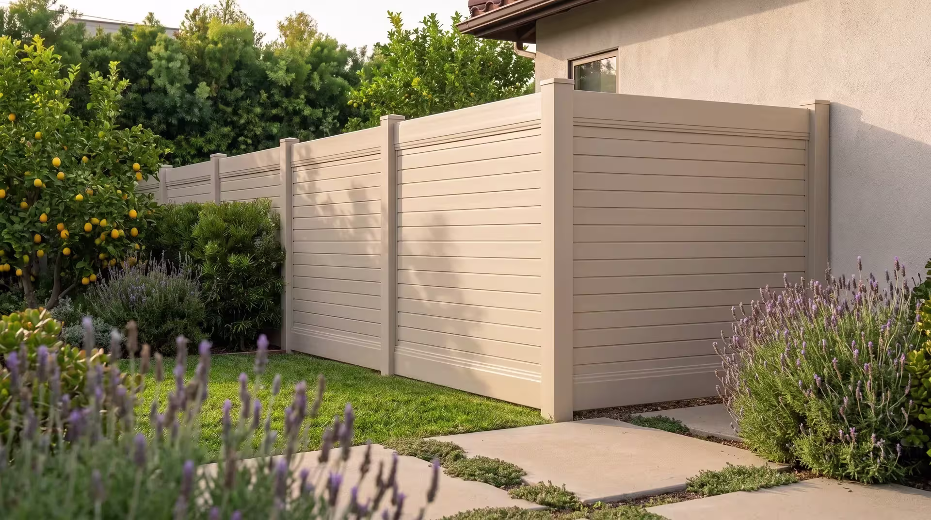 A lemon tree garden beside a paver dining terrace borders this horizontal privacy fence made in Tan vinyl