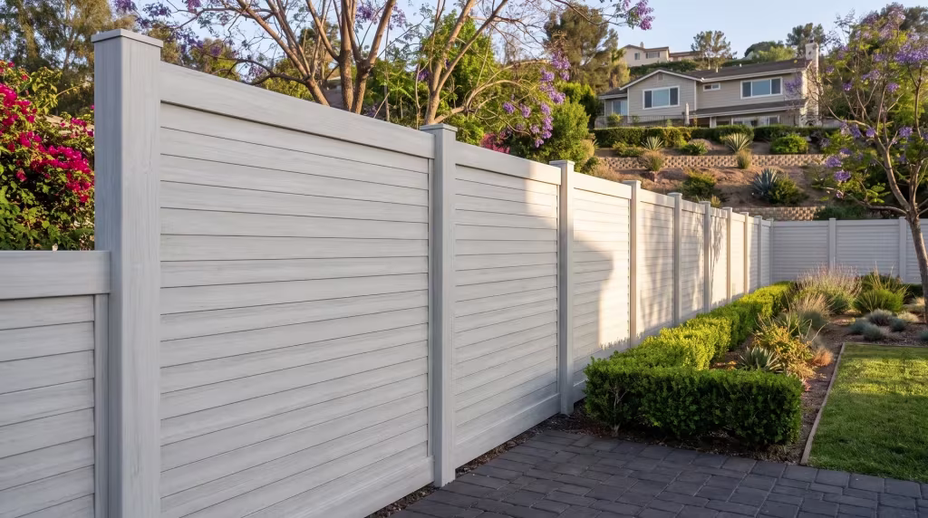 A terraced hillside lawn beneath a jacaranda canopy borders this horizontal privacy fence finished in Weathered Aspen vinyl