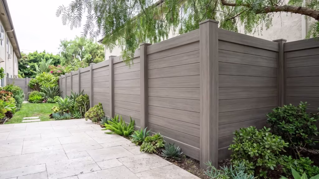 Weathered Blend vinyl boards form a horizontal privacy fence next to a stone paved patio and private rear lawn