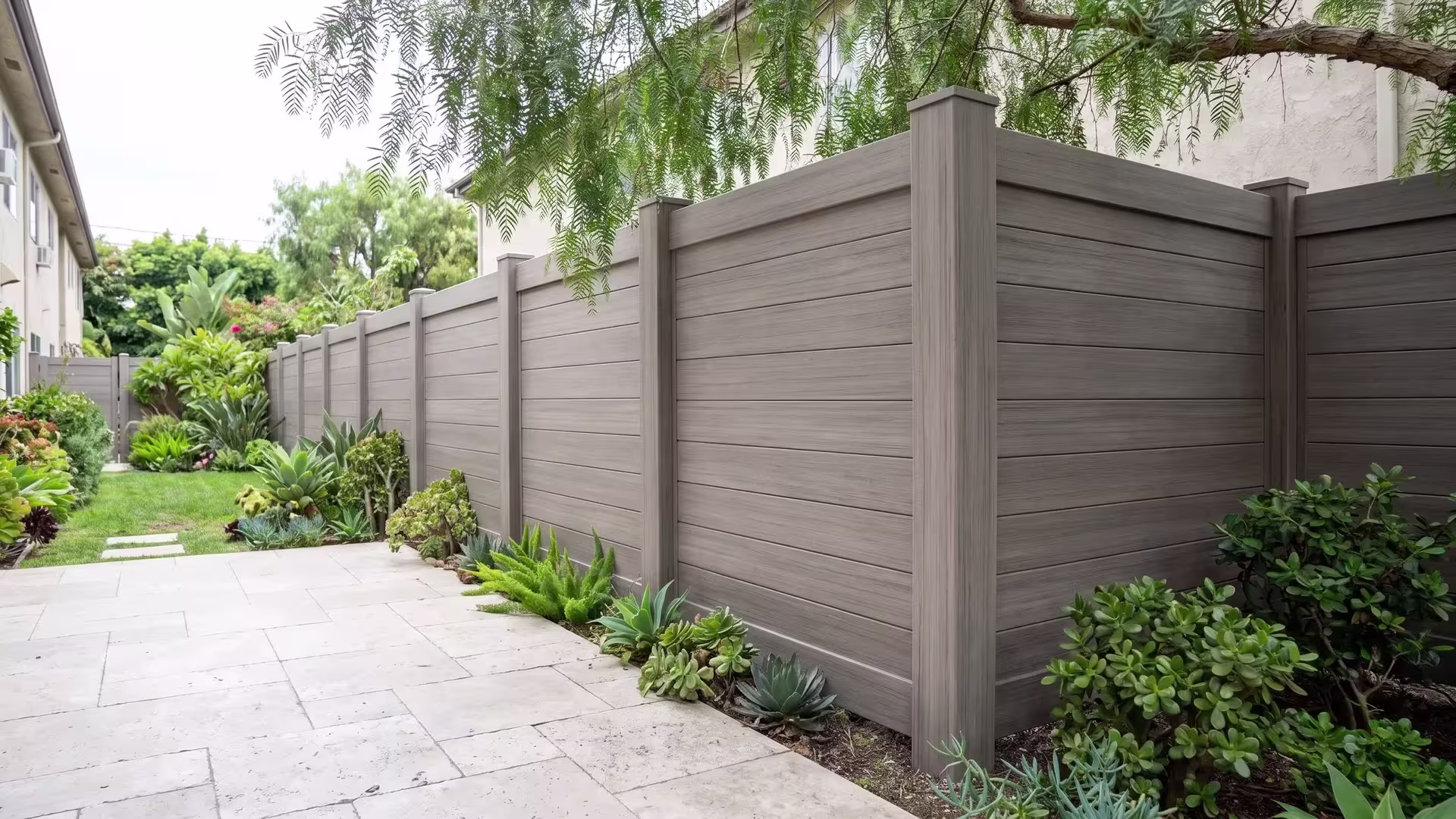 Weathered Blend vinyl boards form a horizontal privacy fence next to a stone paved patio and private rear lawn