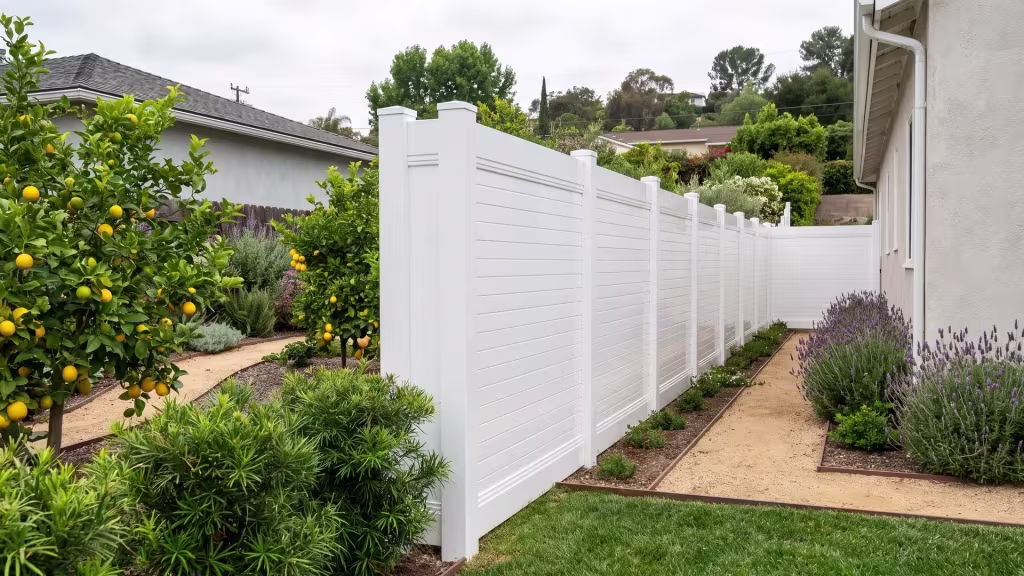 White vinyl horizontal privacy fence borders a granite path through a yard shaded by lemon trees