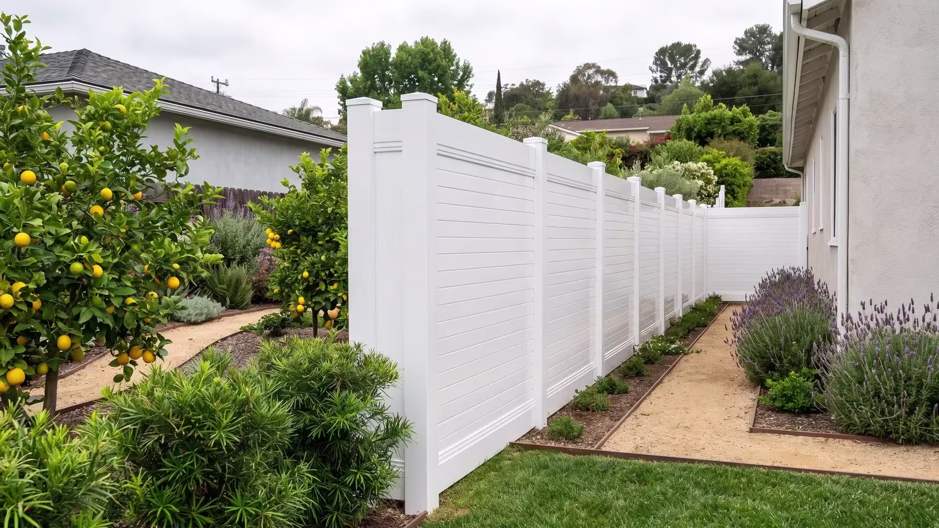 White vinyl horizontal privacy fence borders a granite path through a yard shaded by lemon trees