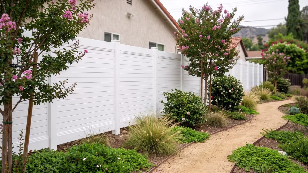 Level White vinyl horizontal privacy panels step down a terraced hillside backyard past crepe myrtle and camellias