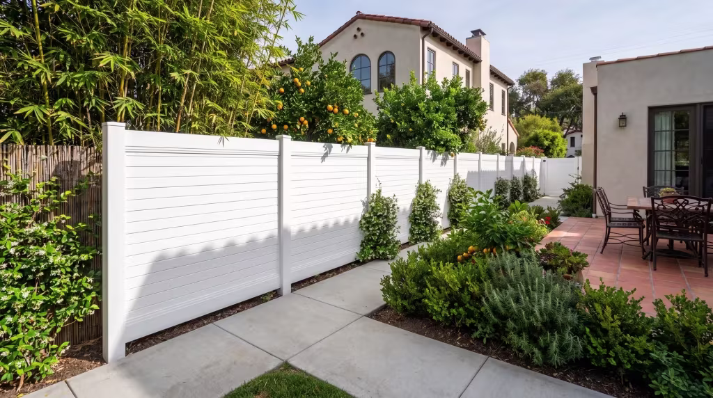 Star jasmine and bamboo screen a broom-finished concrete walk beside a White vinyl horizontal privacy run