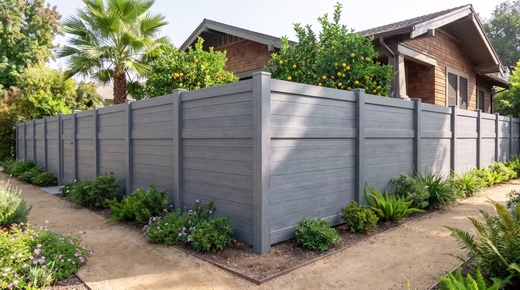 Decomposed granite paths edged in steel run beside a bungalow's horizontal privacy fence finished in Arctic Blend vinyl