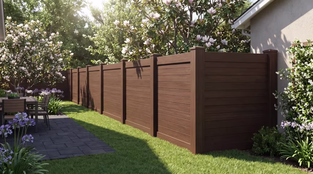 Dark Sequoia vinyl horizontal privacy fence runs past magnolia and agapanthus beds toward a dining terrace