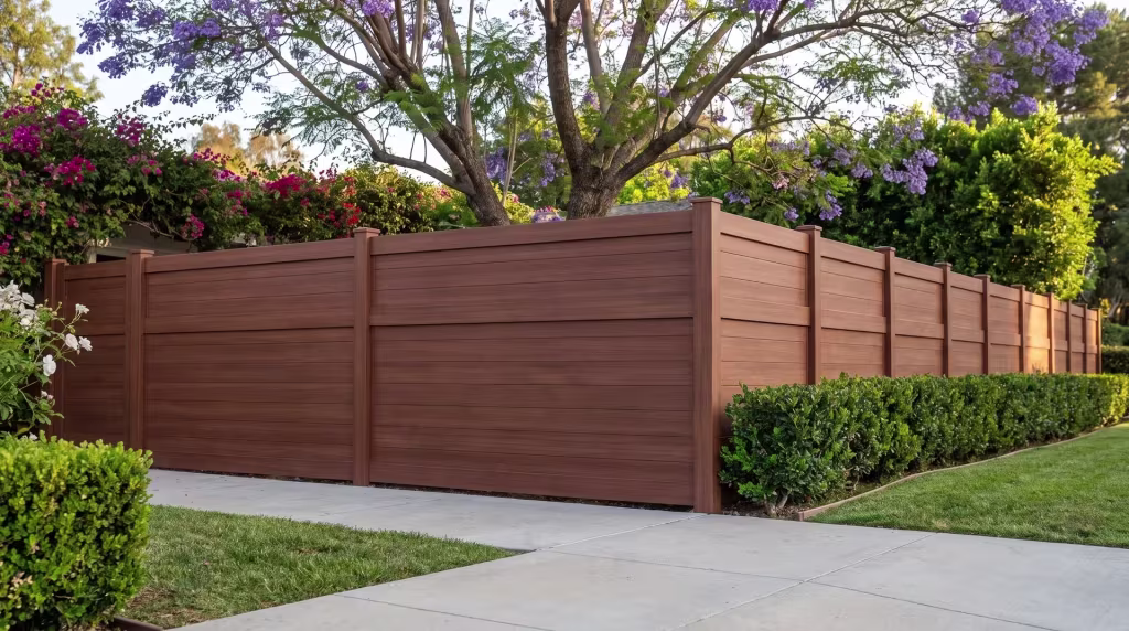 A compact urban backyard beside a concrete walk is closed by this horizontal privacy fence in Brazilian Blend vinyl