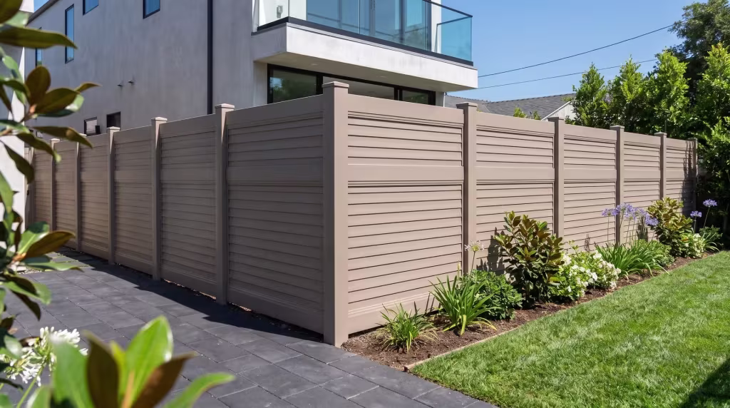 Clay vinyl horizontal privacy fence bordering a rear lawn beside a dark paver patio