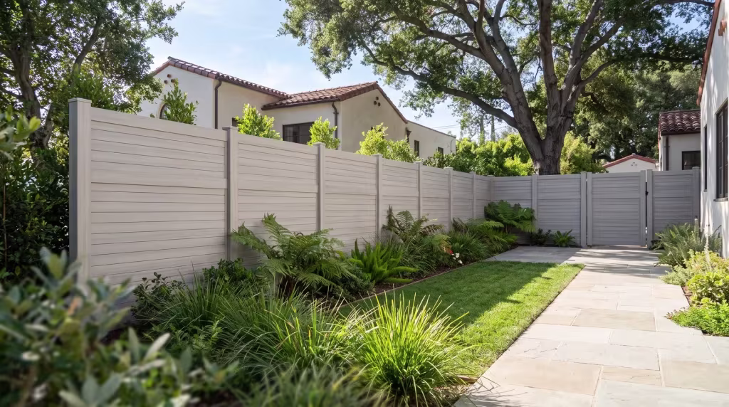 Ferns and lomandra grow beneath a coast live oak beside this horizontal privacy fence built in Coastal Cedar vinyl