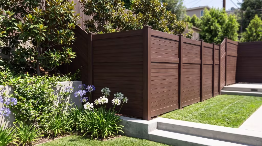 Poured concrete steps mark a compact backyard beside this horizontal privacy fence finished in Dark Sequoia vinyl
