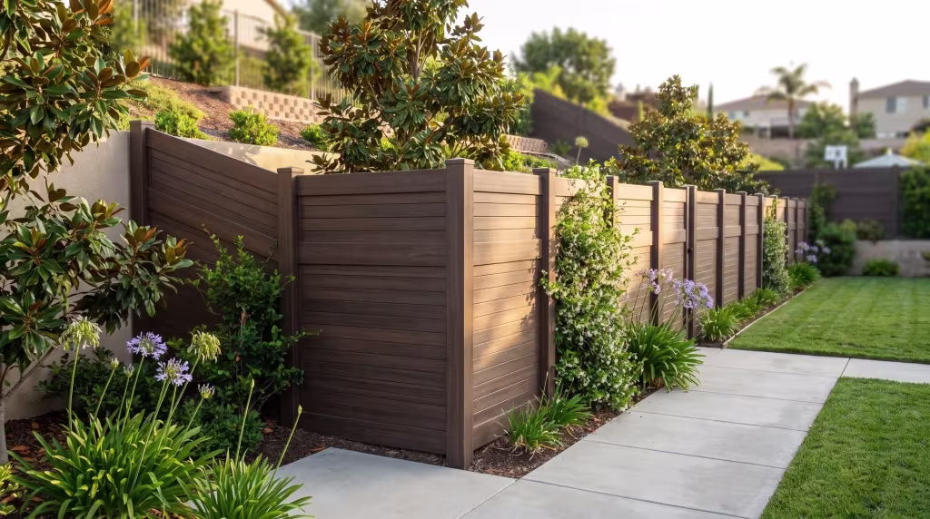 A broom-finished concrete walk borders this horizontal privacy fence in Dark Walnut vinyl on a terraced hillside