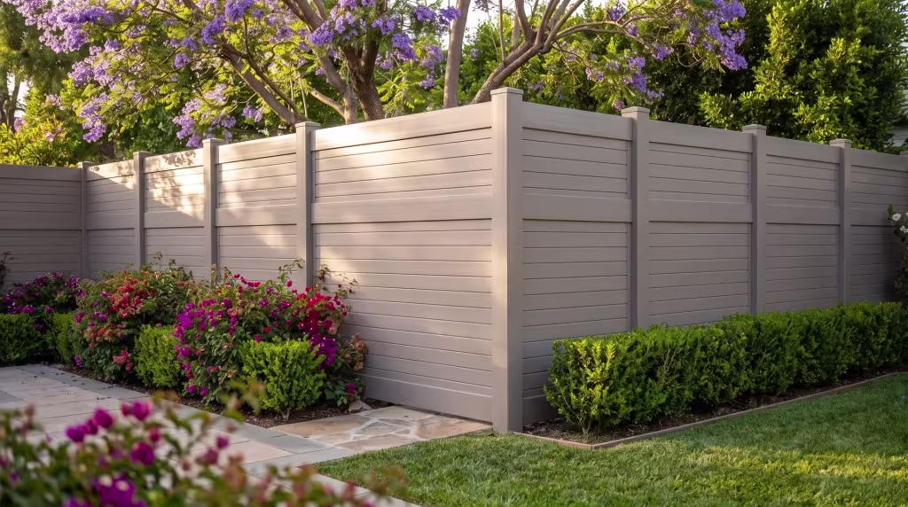 A flagstone walk crosses the courtyard property lawn bordered by this horizontal privacy fence in Gray vinyl