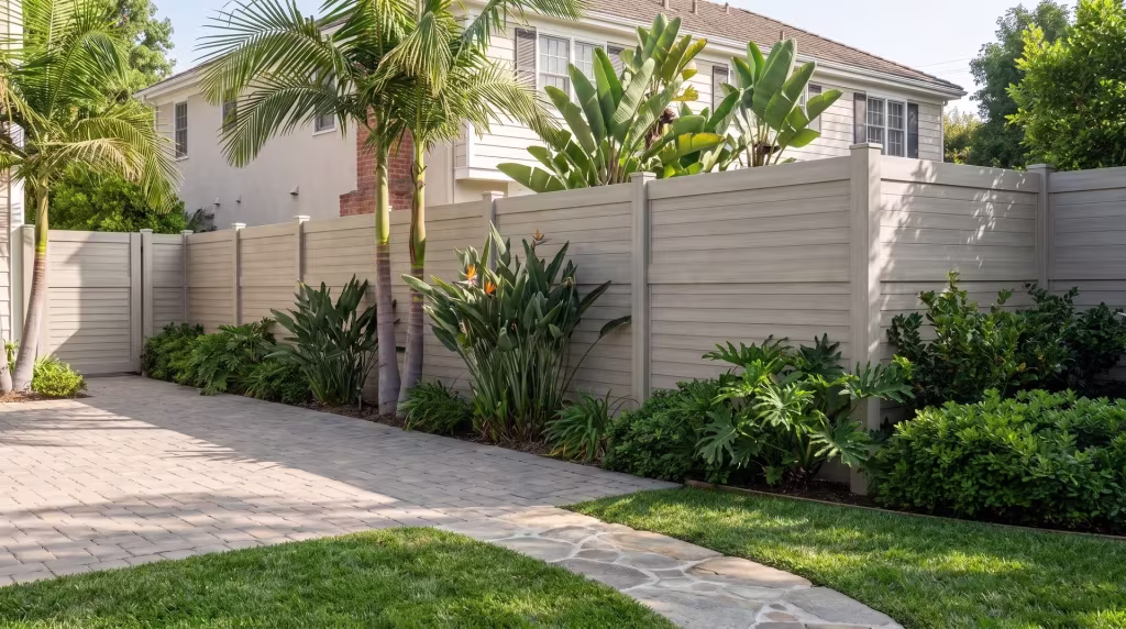 Queen palms and bird of paradise rise beside this horizontal privacy fence in Mesquite vinyl, framing a rear lawn