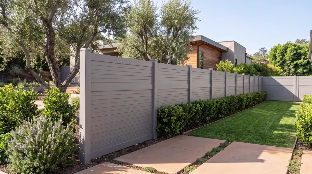 Olive trees and rosemary grow along a terraced hillside where this horizontal privacy fence stands in Slate Gray vinyl
