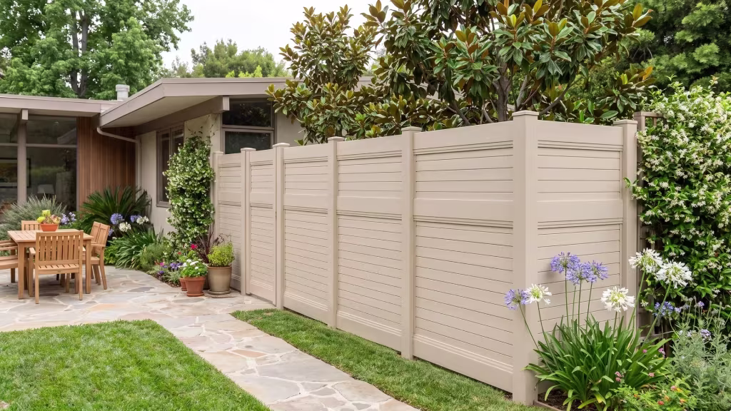 Tan vinyl horizontal privacy fence stands along a dining terrace at a mid century ranch home