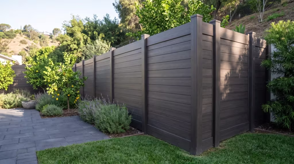 Podocarpus and lavender grow along a hillside lot beside this horizontal privacy fence detailed in Dark Walnut vinyl