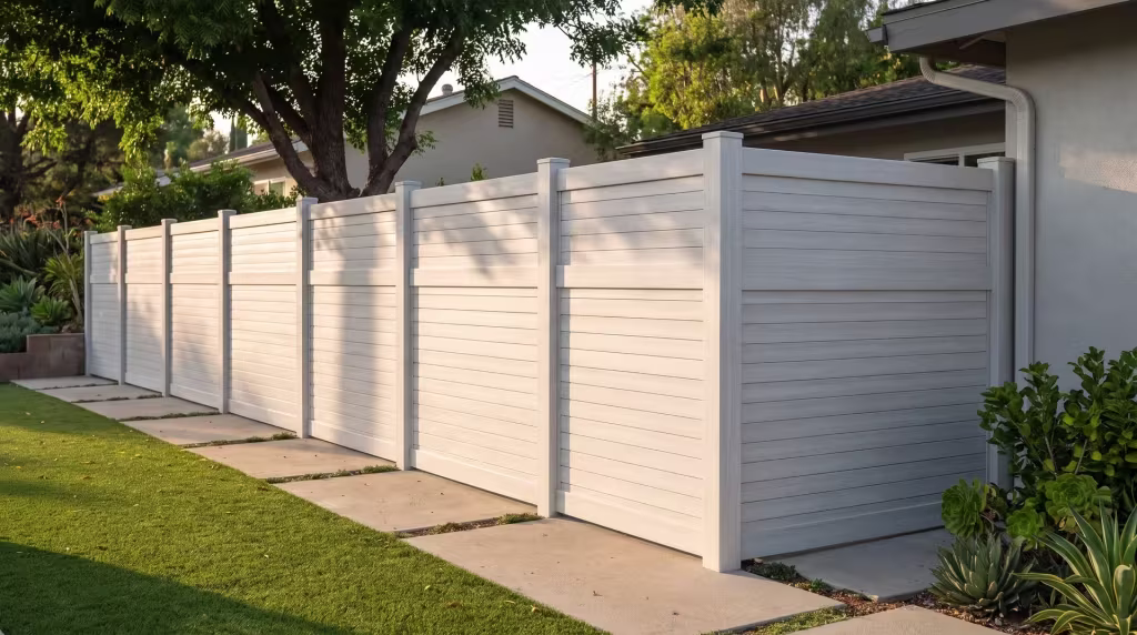 A pepper tree canopy and warm concrete pavers frame this horizontal privacy fence made in Weathered Aspen vinyl