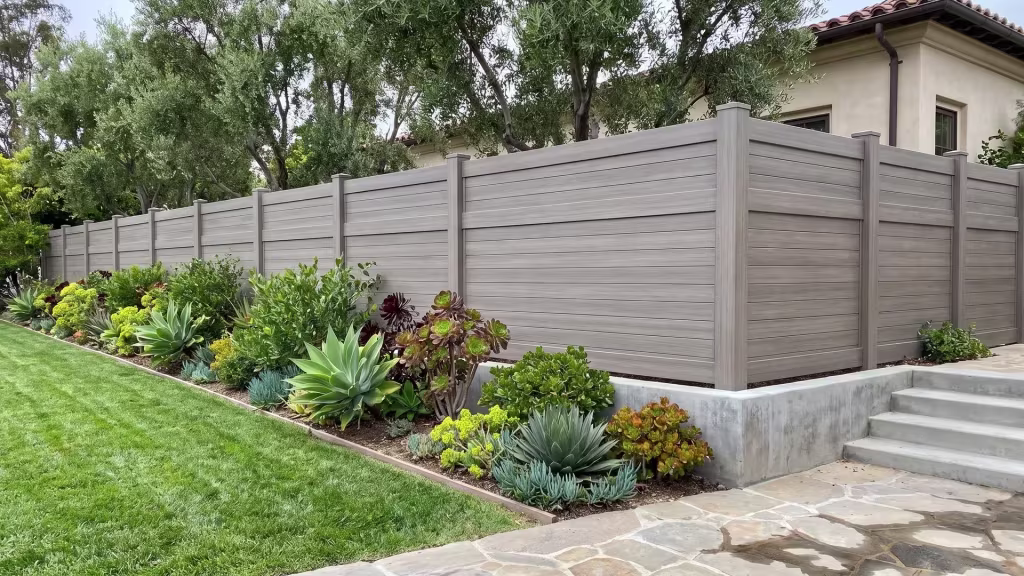 A horizontal privacy run of Weathered Blend vinyl stands beside poured concrete steps and a paved patio