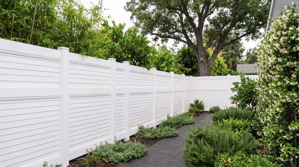 A mature shade tree shelters this White vinyl horizontal privacy fence, edged by dark charcoal pavers