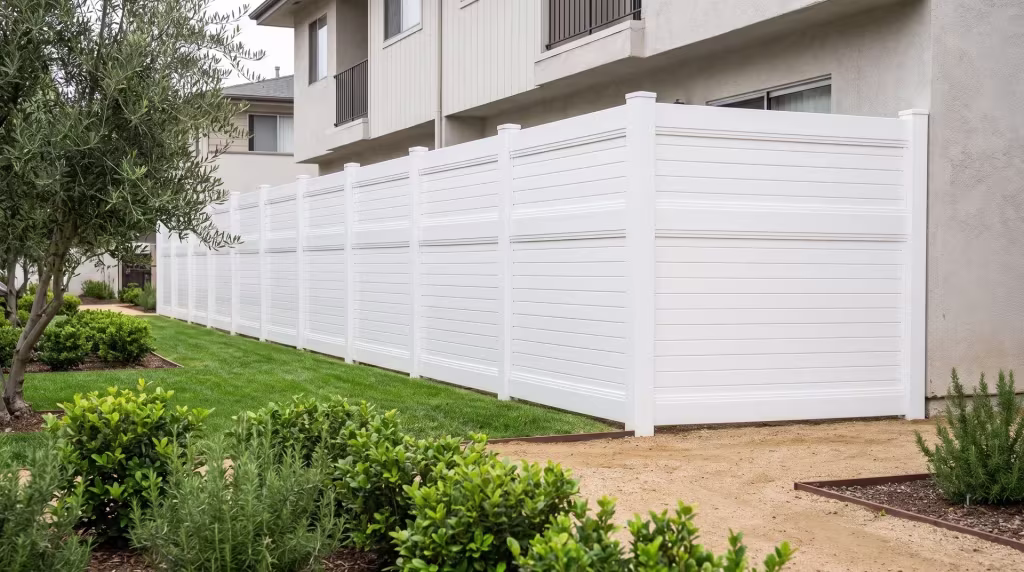 Steel-edged granite paths and clipped pittosporum frame this horizontal privacy fence built in White vinyl at a courtyard