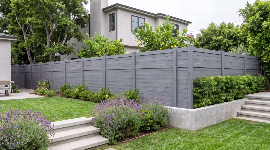 Lemon trees and lavender shade the concrete steps around a stucco home's horizontal privacy fence built in Arctic Blend vinyl