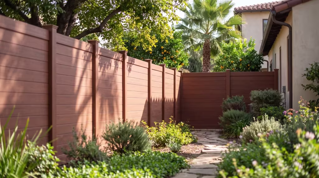 A tall fan palm and citrus trees shade the yard around this horizontal privacy fence styled in Brazilian Blend vinyl