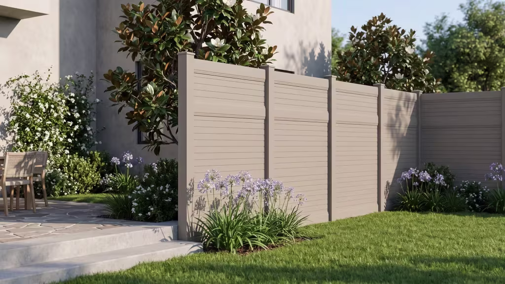 Clay vinyl horizontal privacy fence encloses a terrace for outdoor dining beside poured concrete steps