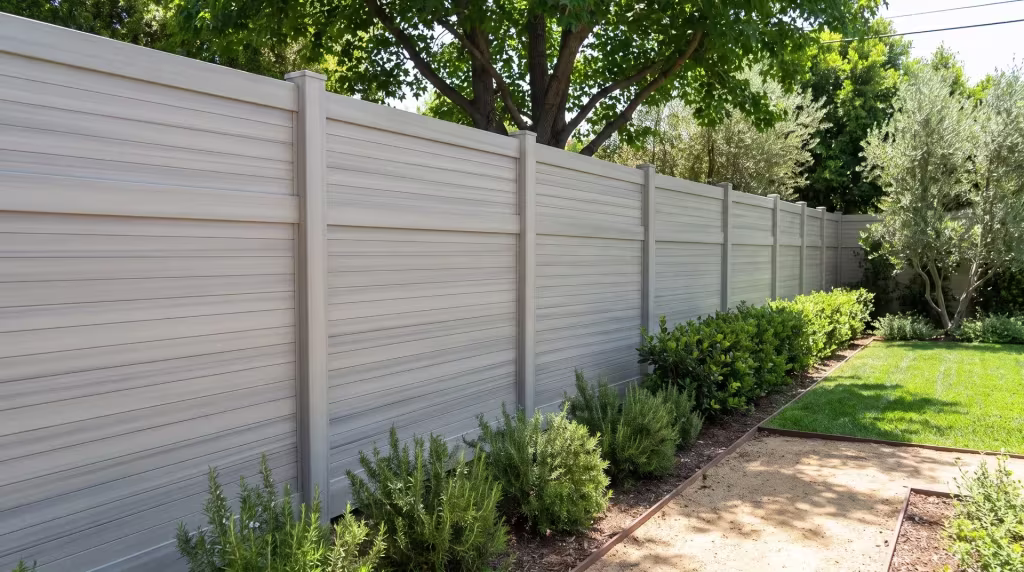 Mature olive trees shade a decomposed granite path around this horizontal privacy fence styled in Coastal Cedar vinyl