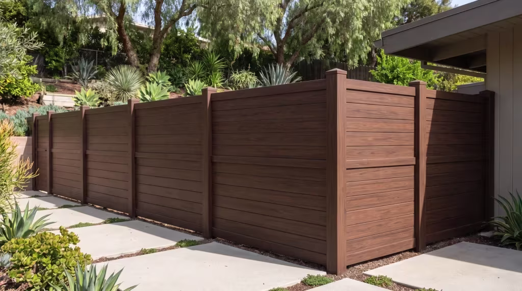 A pepper tree canopy shades the terraced hillside around this horizontal privacy fence styled in Dark Sequoia vinyl
