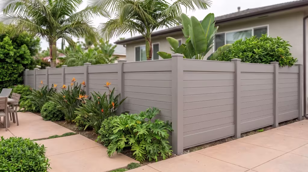 Philodendron and dense shrubs crowd the bed beside this Gray vinyl horizontal privacy fence near a dining terrace