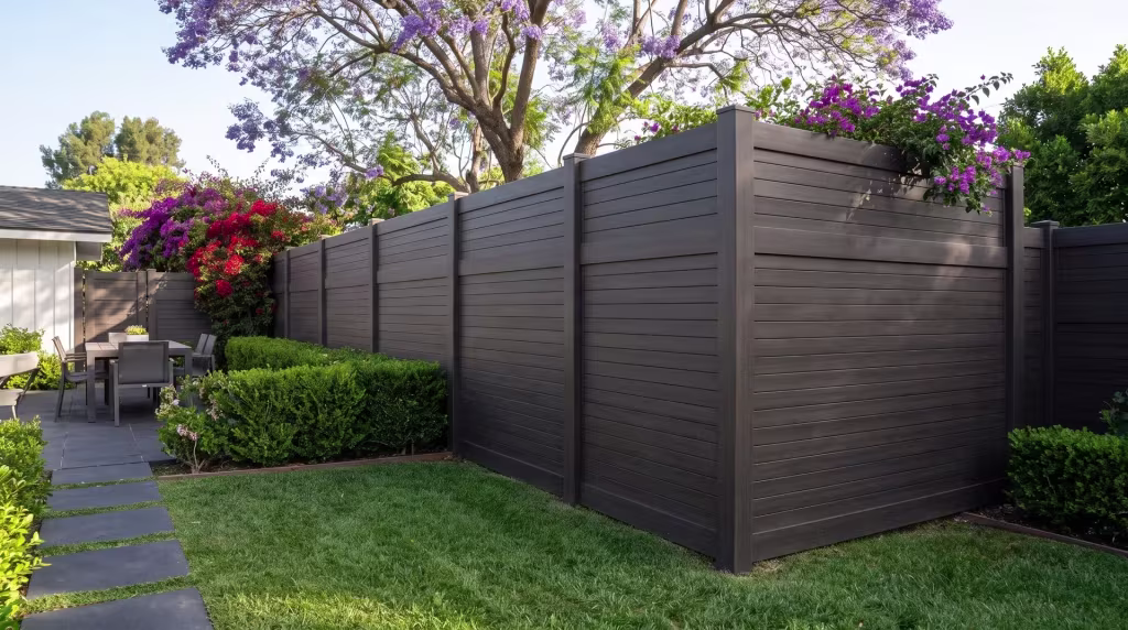 Dark charcoal pavers and jacaranda shade this horizontal privacy fence, cast in Dark Walnut vinyl, at the ranch home