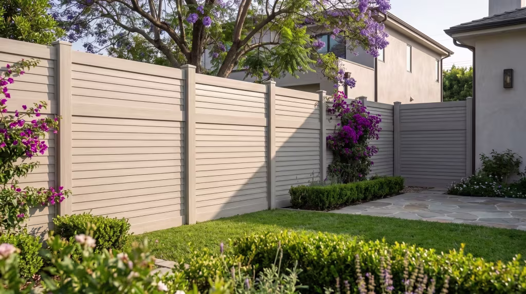 A paved patio and jacaranda canopy border this Mesquite vinyl horizontal privacy fence at the stucco residence