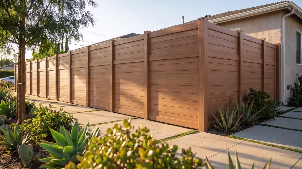 Succulents and green turf edge this horizontal privacy fence, hued in Sierra Blend vinyl, around a compact backyard