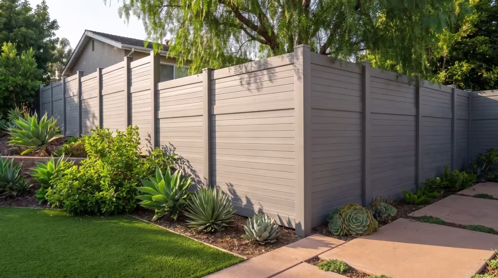 Succulents and turf step down the grade beside this horizontal privacy fence, toned in Slate Gray vinyl, on a hillside