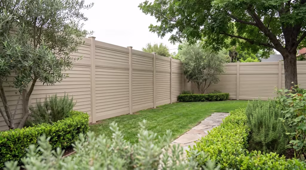 Mature olive trees and rosemary border this Tan vinyl horizontal privacy fence along a deep suburban backyard