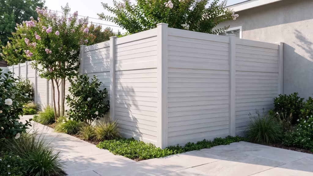 Weathered Aspen vinyl horizontal privacy fence framed by crepe myrtle and camellias in a paved yard